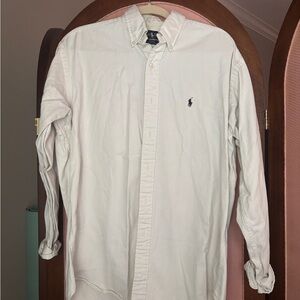 Ralph Lauren Men's Long-Sleeve Button-Down Shirt in Off-White with Navy Pony